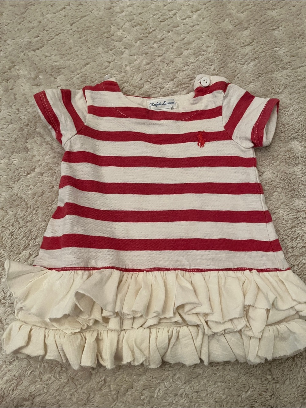 Ralph Lauren Red & Cream Striped Short-Sleeve Ruffle Dress
